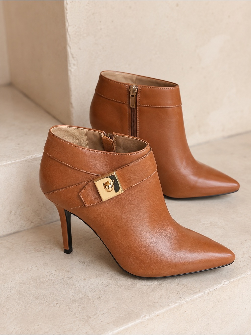Enzo Angiolini  Women's Tan Leather Pointed-Toe Ankle Boots with Gold Accent